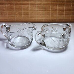 Cream and Sugar Set Vintage Lead Crystal Etched Flowers Heavy Glass
